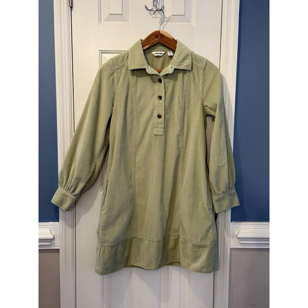 Lands End Corduroy Shirt Dress M 10/12 Light Green‎ Lagenlook Casual Pockets